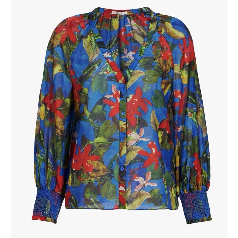 ALICE + OLIVIA Ladies Blue tropical Floral Smocked silk blend Blouse medium - Picture 6 of 13